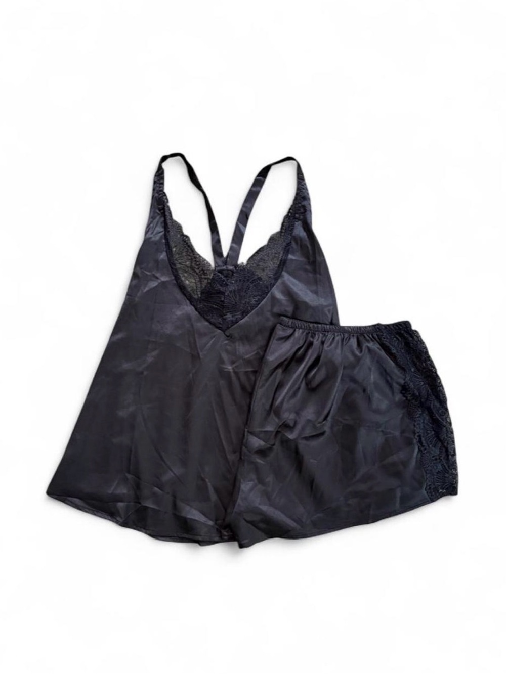 Lulu's Black Satin Lace-Trim Camisole & Shorts Set